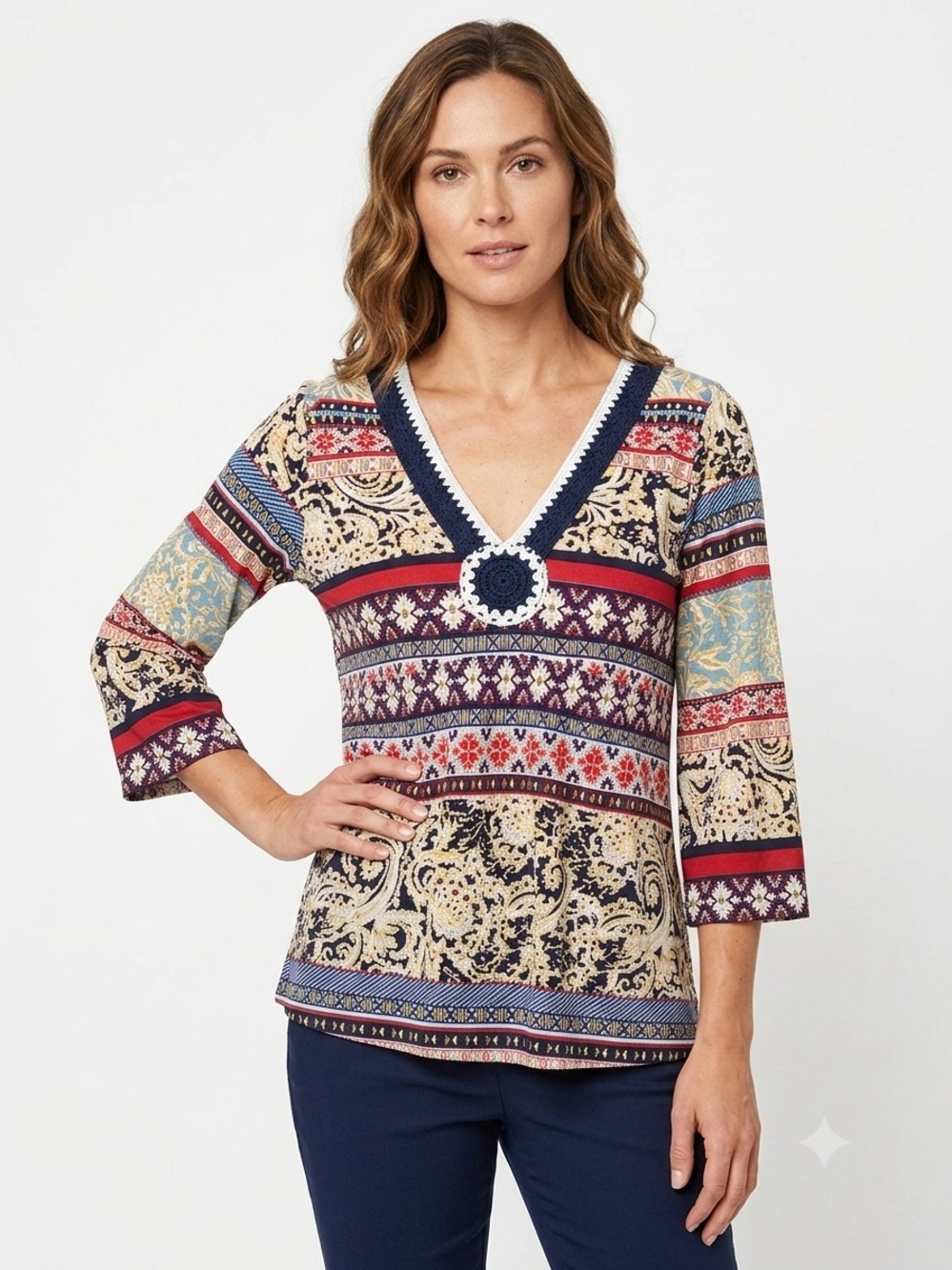 Aztec Print Multicolor V-Neck Tunic —Bell Sleeves